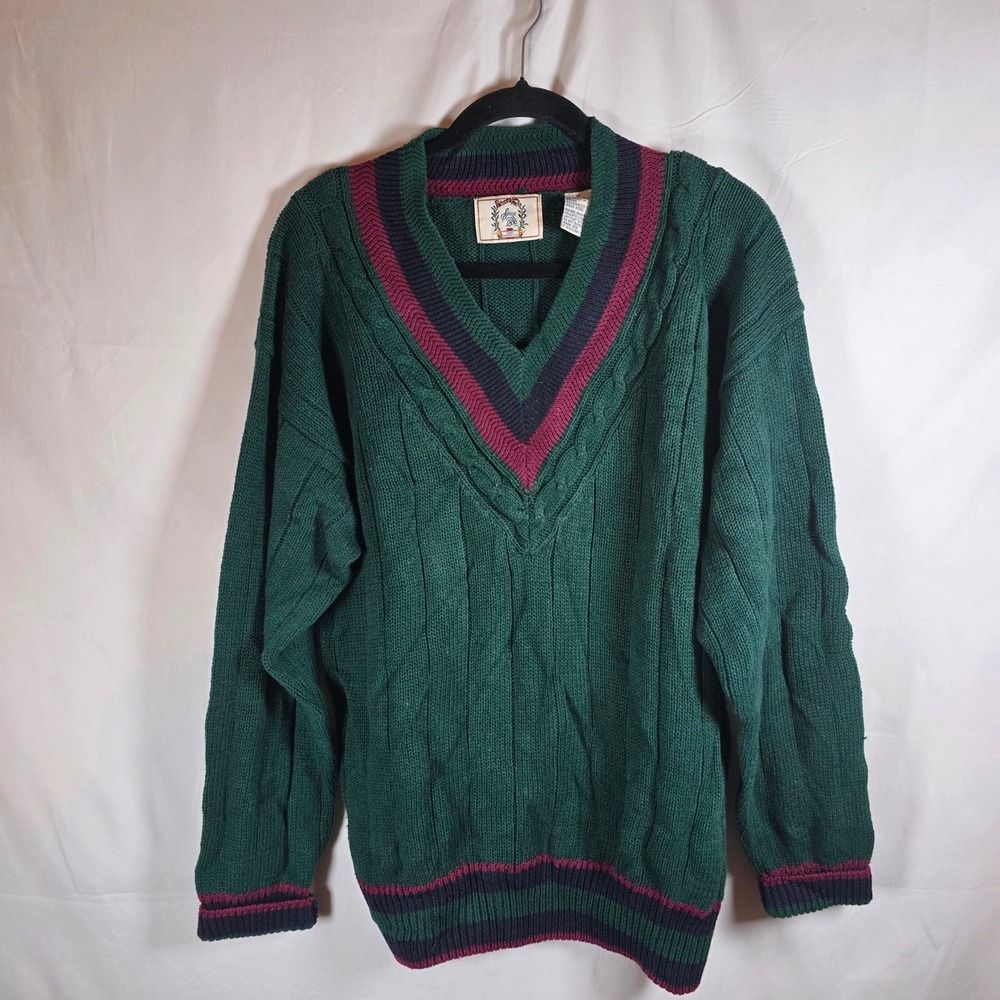 Sears Roebuck & Co Vintage V-Neck Cable Knit Sweater Mens Medium Green T05-294